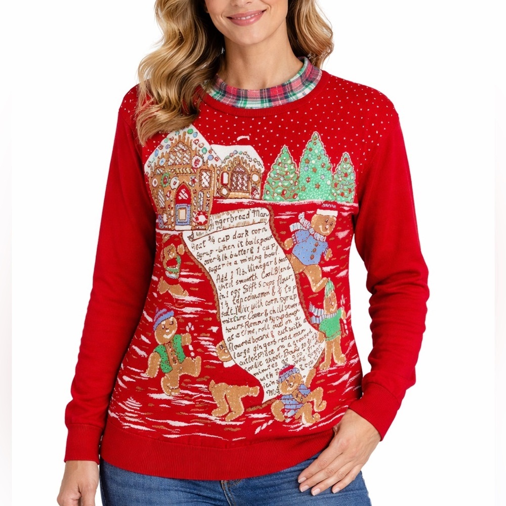 Vintage Unisex Red Holiday Sweatshirt with Gingerbread Scene